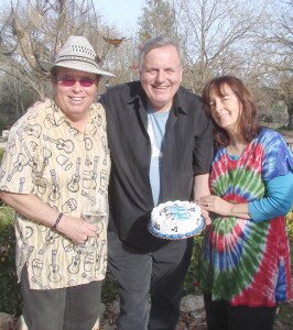 Pictured from left are: Cliff Stepp, Steve Key and Bonnie Nelson at Sculpterra Winery celebrating the 5th Anniversary of Songwriters at Play. Photo by Judy Salamacha